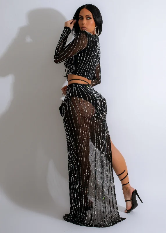 Your New Obsession Mesh Rhinestones Skirt Set Black